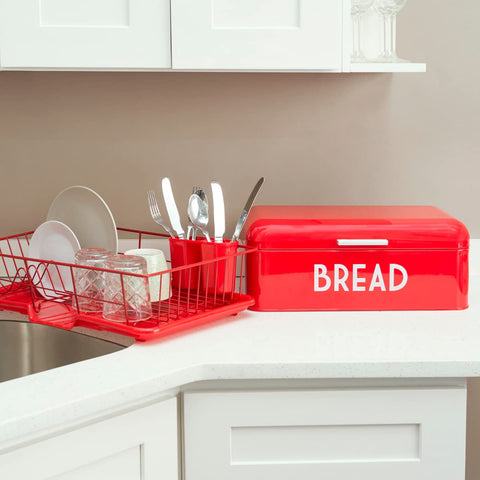 Home Basics Grove Bread Box For Kitchen Counter Dry Food Storage Container, Bread Bin, Store Bread Loaf, Dinner Rolls, Pastries, Baked Goods & More, Retro Vintage Design, Red