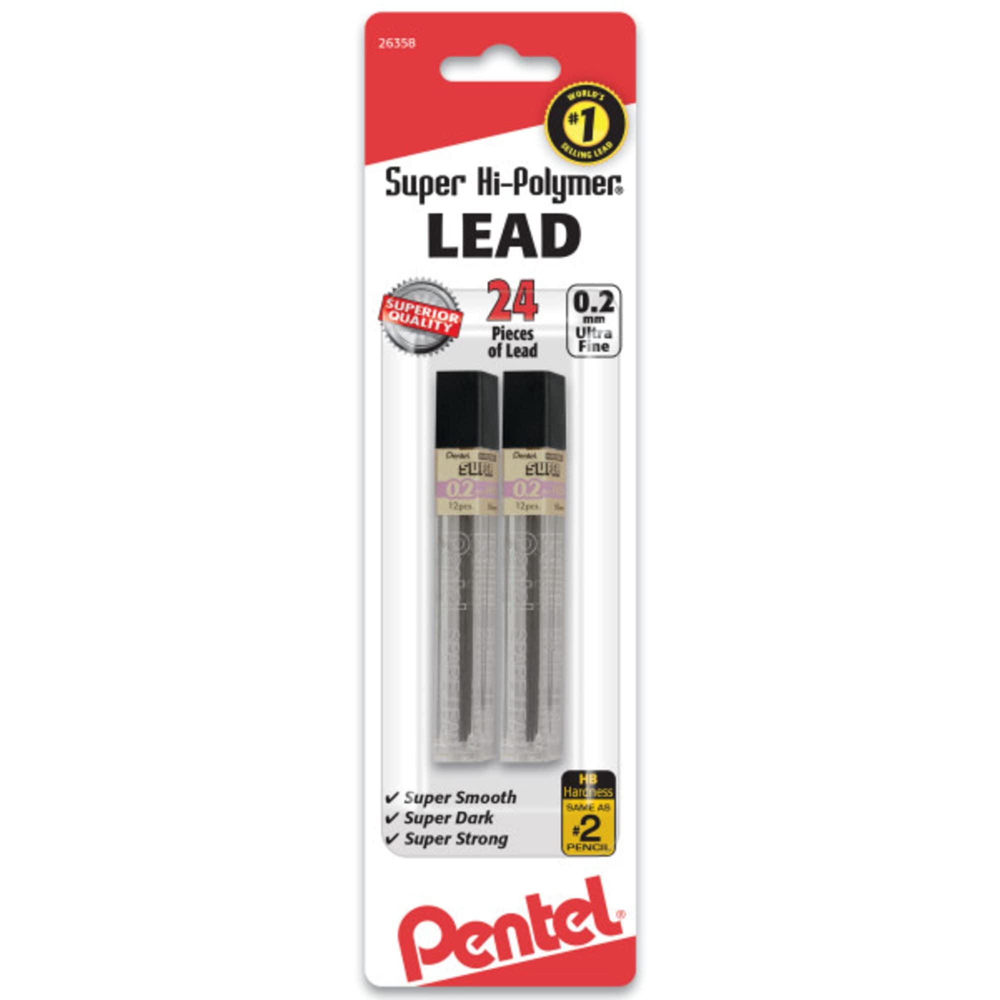 Pentel Super Hi-Polymer Lead Refill 0.2mm, Super Fine, HB, 12ct. Tubes, 2 Pack (C502BP2HB)