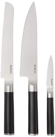Babish German High-Carbon 1.4116 Steel Cutlery Knife Set, 3-Piece (Chef, Bread, & Pairing Knive) w/Kitchen Knives Roll