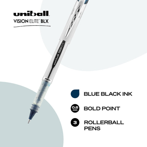 uniball Vision Elite BLX Rollerball Pens, Bold Point (0.8mm), Blue BLX Ink, 3 Pack