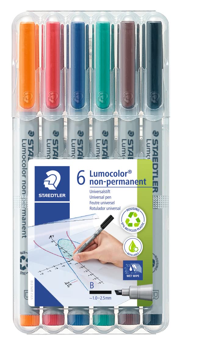 STAEDTLER Lumograph Non-Permanent Wet Erase Marker Pen, Broad Tip, Low Odor Colored Markers, 6-Pack Assorted Colors, 312-WP6