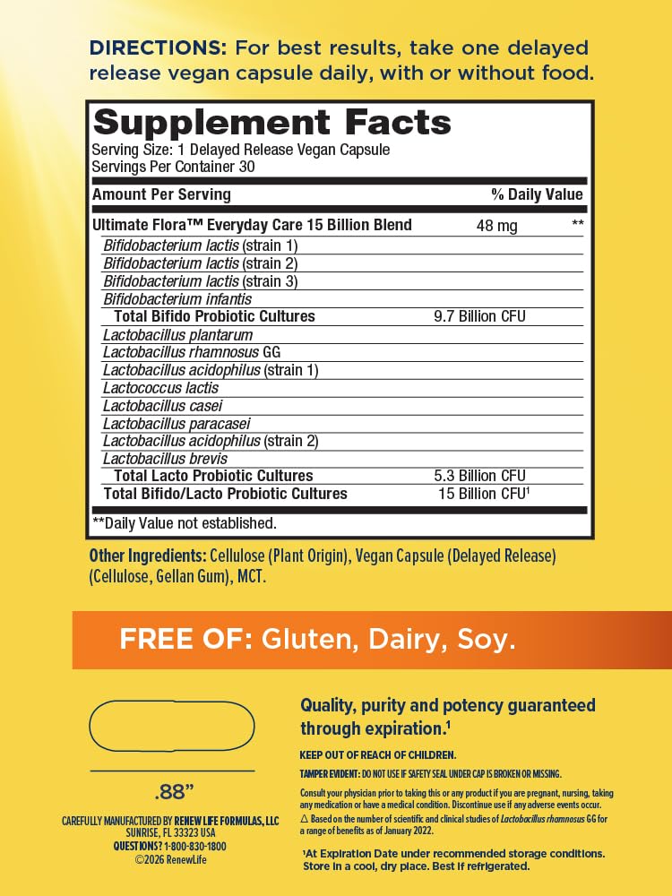 Renew Life Everyday Probiotic Capsules, Daily Supplement Supports Urinary, Digestive and Immune Health, L. Rhamnosus GG, Dairy, Soy and gluten-free, 15 Billion CFU, 30 Count