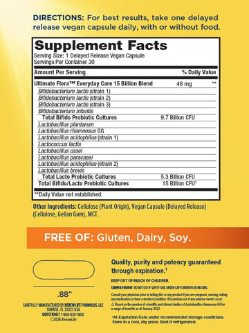 Renew Life Everyday Probiotic Capsules, Daily Supplement Supports Urinary, Digestive and Immune Health, L. Rhamnosus GG, Dairy, Soy and gluten-free, 15 Billion CFU, 30 Count