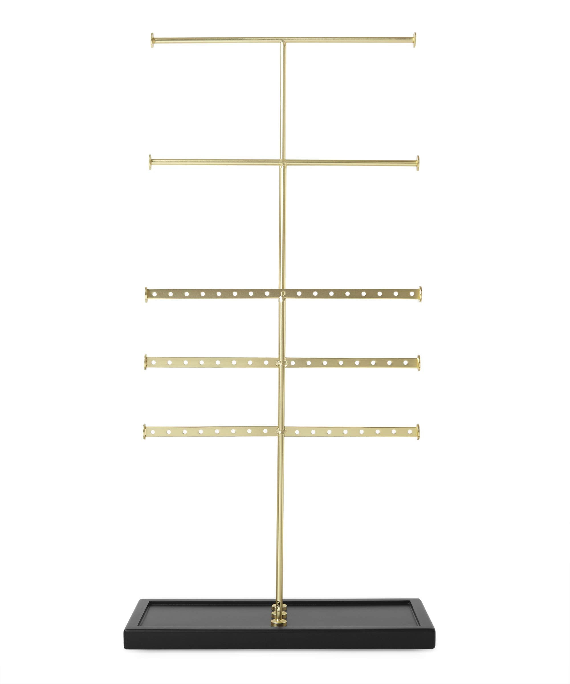 Umbra Trigem Tiered Tabletop Jewelry Organizer Freestanding Hanging Necklace, Earring and Bracelet Display, 5, Black/Brass