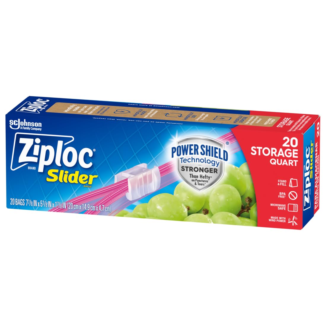 Ziploc Quart Food Storage Slider Bags, Power Shield Technology for More Durability, 20 Count