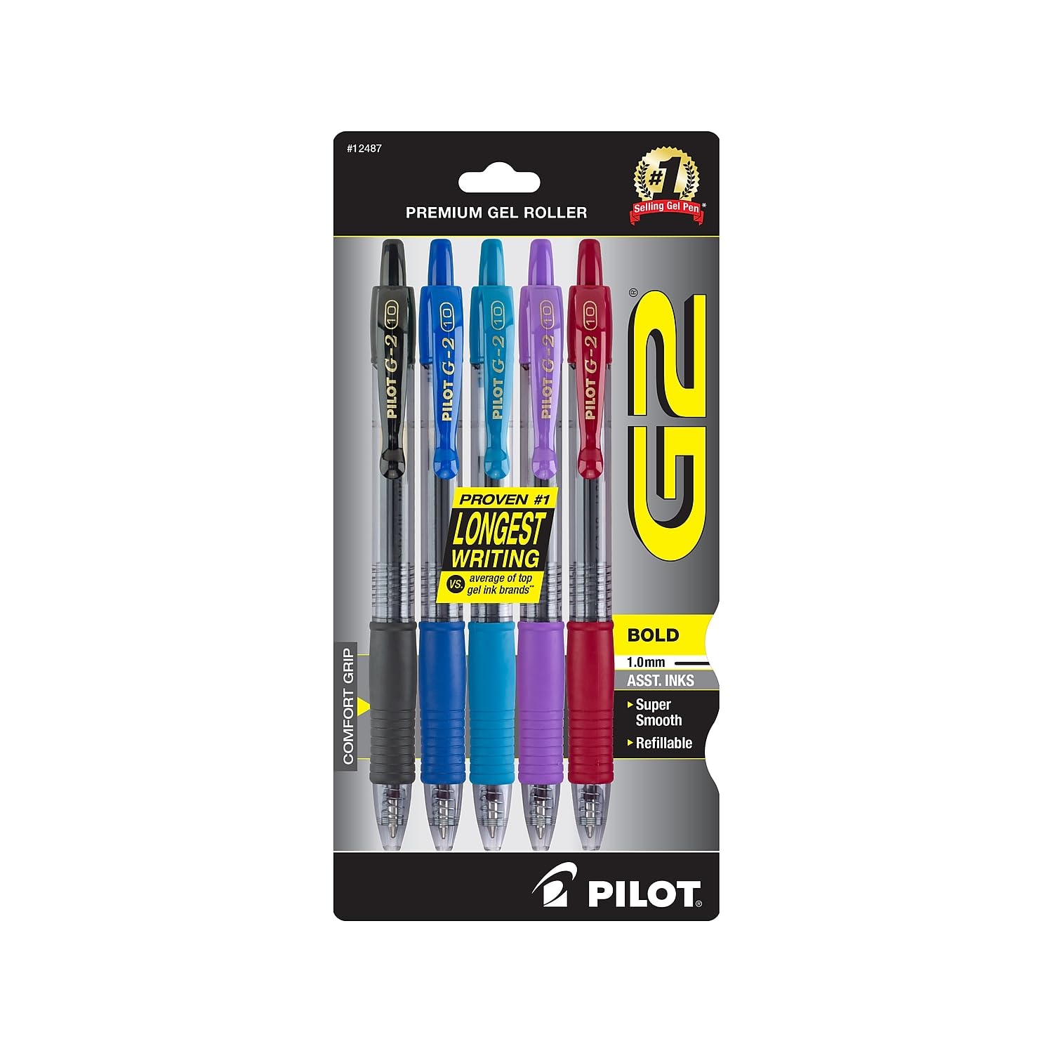 Pilot G2 Premium Retractable Gel-Ink Rolling Ball Pens, Bold Point (1.0mm), Assorted, 5/Pk (12487)