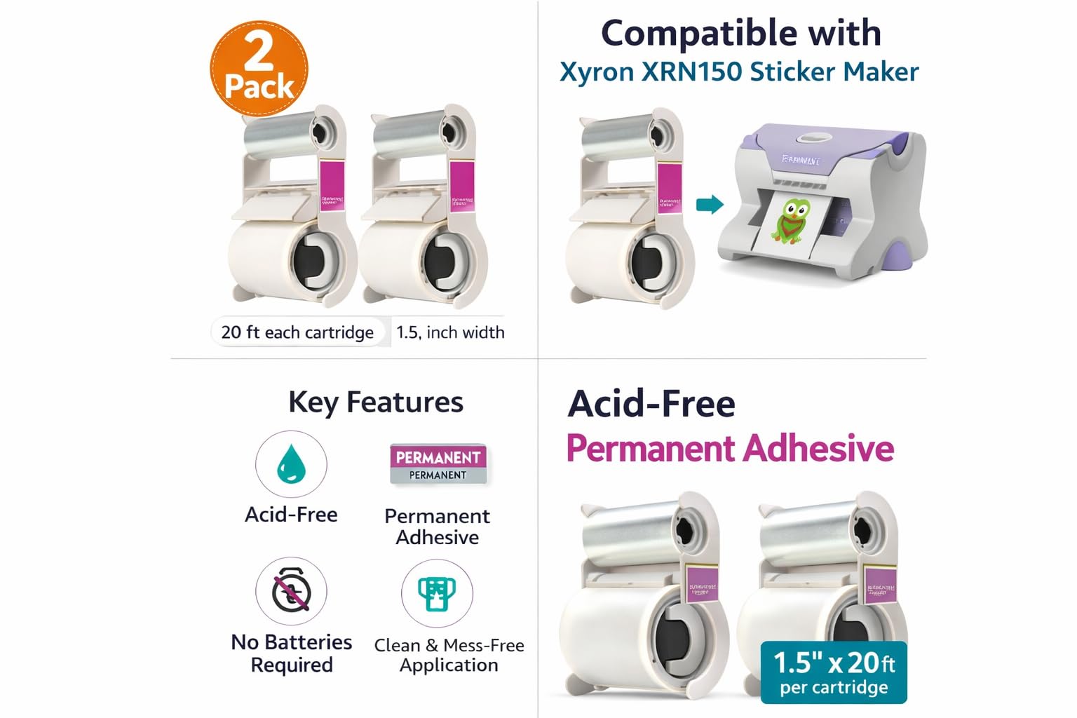 2-Pack - Xyron Acid-Free Permanent Adhesive Refill Cartridge for XRN150 1.5-inch "X" Sticker Maker, 20-feet Each