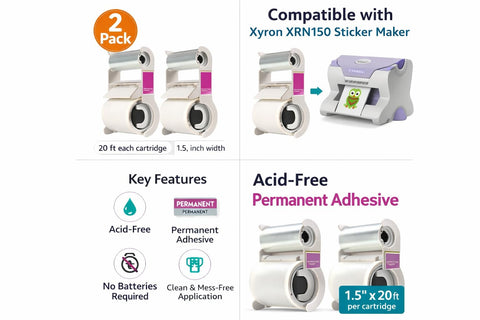 2-Pack - Xyron Acid-Free Permanent Adhesive Refill Cartridge for XRN150 1.5-inch "X" Sticker Maker, 20-feet Each