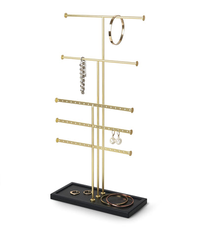 Umbra Trigem Tiered Tabletop Jewelry Organizer Freestanding Hanging Necklace, Earring and Bracelet Display, 5, Black/Brass
