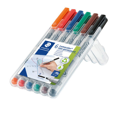 STAEDTLER Lumograph Non-Permanent Wet Erase Marker Pen, Broad Tip, Low Odor Colored Markers, 6-Pack Assorted Colors, 312-WP6