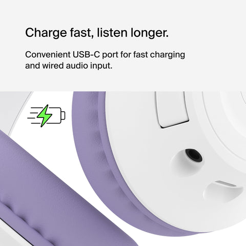 Belkin SoundForm Inspire Wireless Over-Ear Headset for Kids, Online Learning & Travel w/Built-in Microphone, 85dB Safe Volume Limit, 35H Battery - Compatible w/iPhone, iPad, Galaxy & More - Lavender