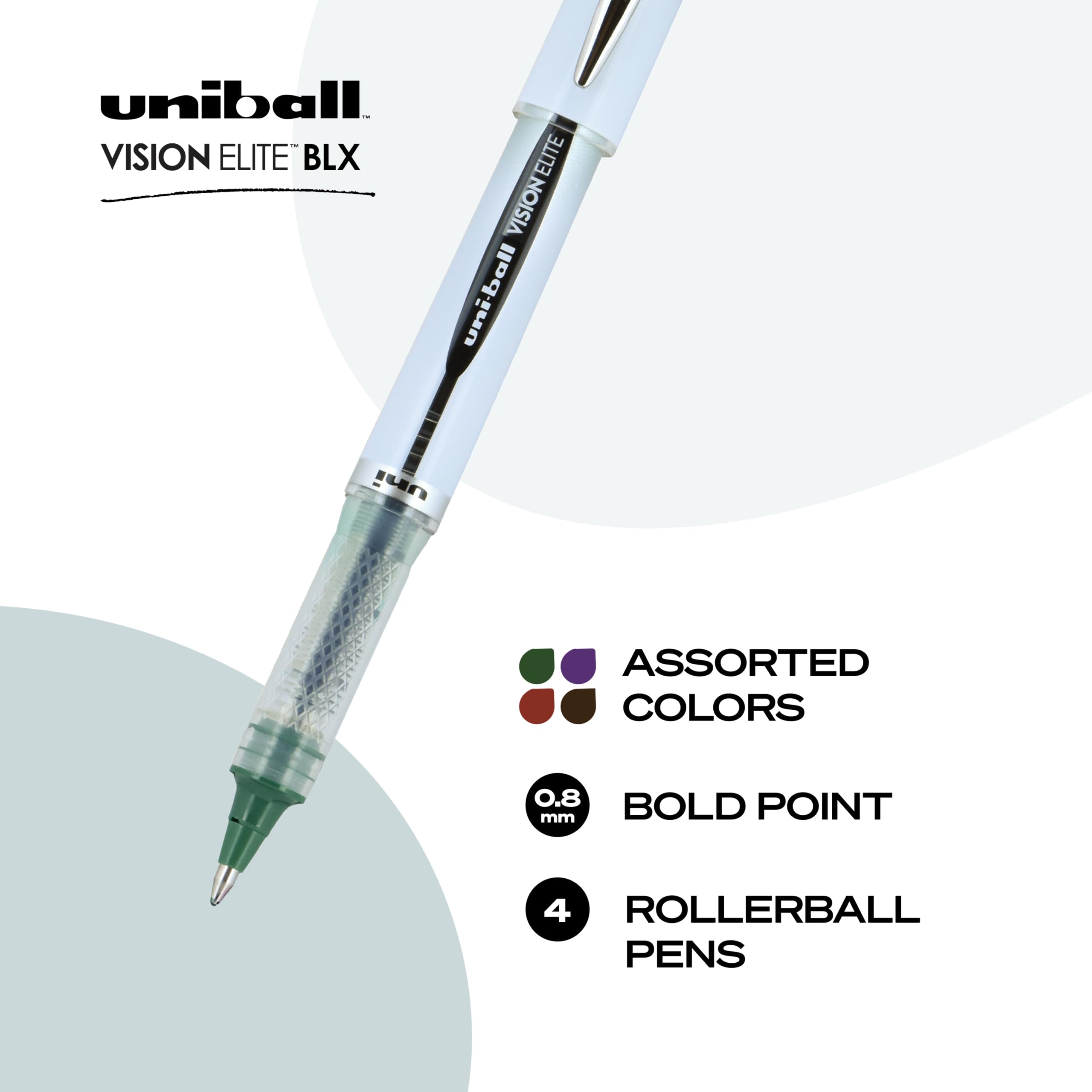 uni-ball® Vision™ Elite™ Liquid Ink Rollerball Pens, Bold Point, 0.8 mm, White Barrels, Assorted Ink Colors, Pack Of 4