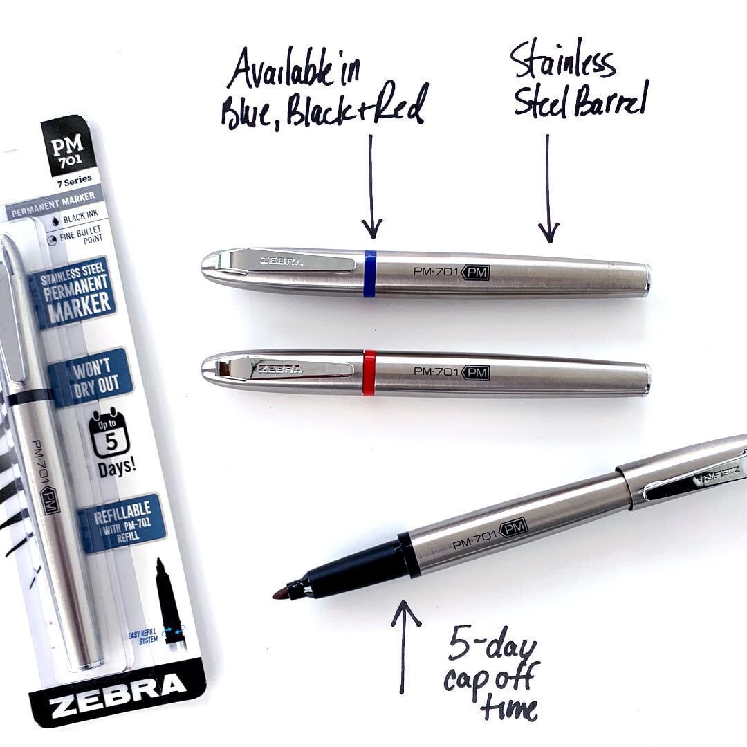 Zebra Pen, PM-701 Permanent Marker, Fine Bullet Point, Black Ink, Stainless Steel Barrel, Refillable, Includes 1 Refill, Cap Off Time of 120 Hours, 1-Pack (65211)