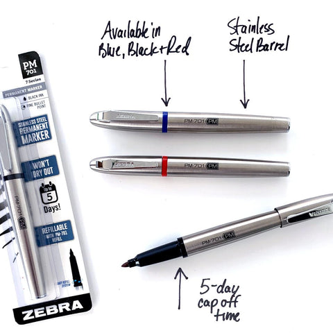 Zebra Pen, PM-701 Permanent Marker, Fine Bullet Point, Black Ink, Stainless Steel Barrel, Refillable, Includes 1 Refill, Cap Off Time of 120 Hours, 1-Pack (65211)