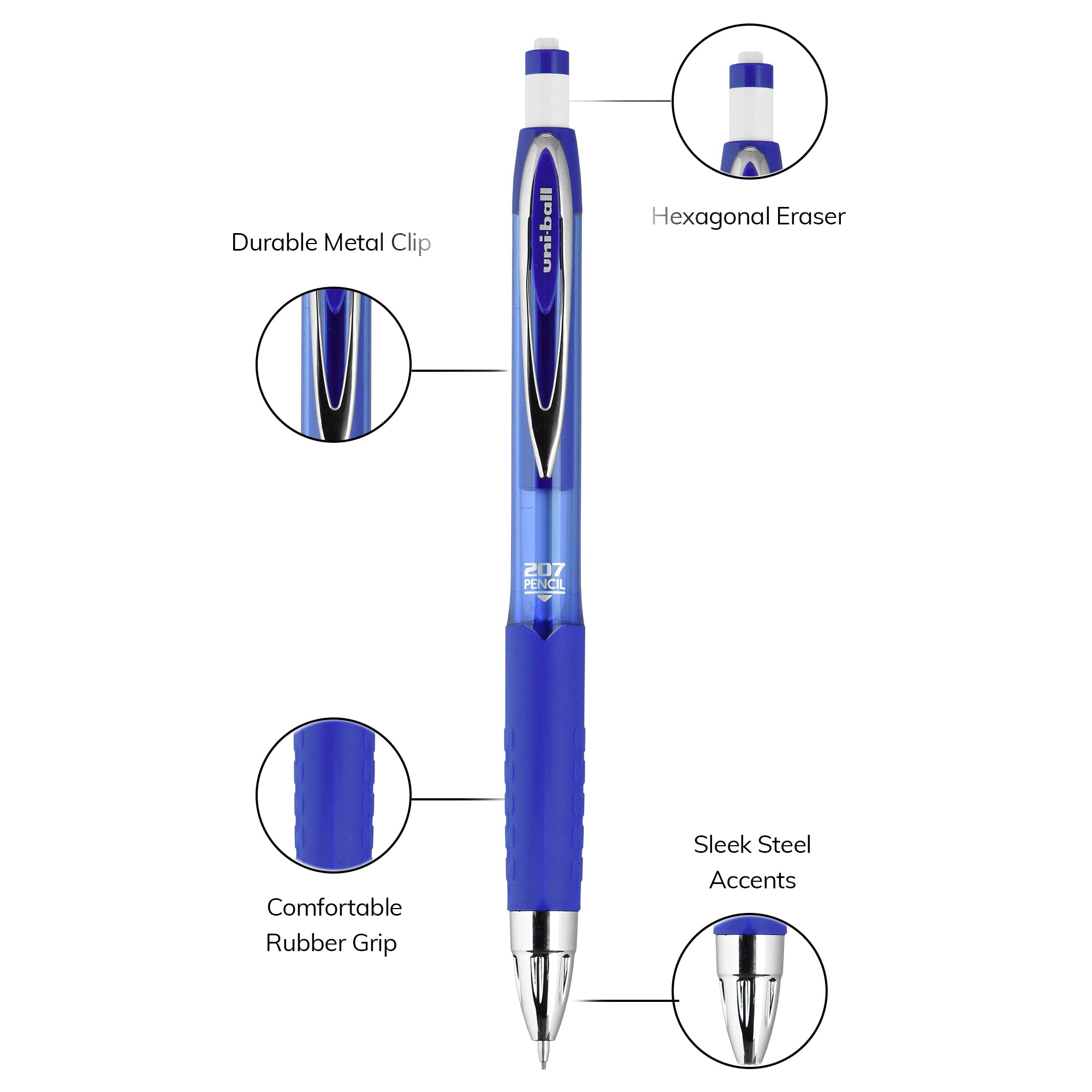 uni-ball 207 Mechanical Pencil, 0.7mm, HB #2, Blue Barrel, 12 Count