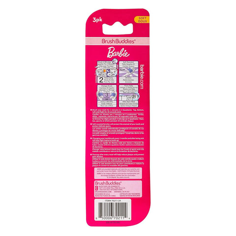 Brush Buddies Barbie Manual Toothbrushes for Kids 3 Pack Soft Bristled Children’s Toothbrushes with Fun Pink Multi Colored Designs Anti Slip Grip Handles Perfect for Toddlers Home Use or Travel
