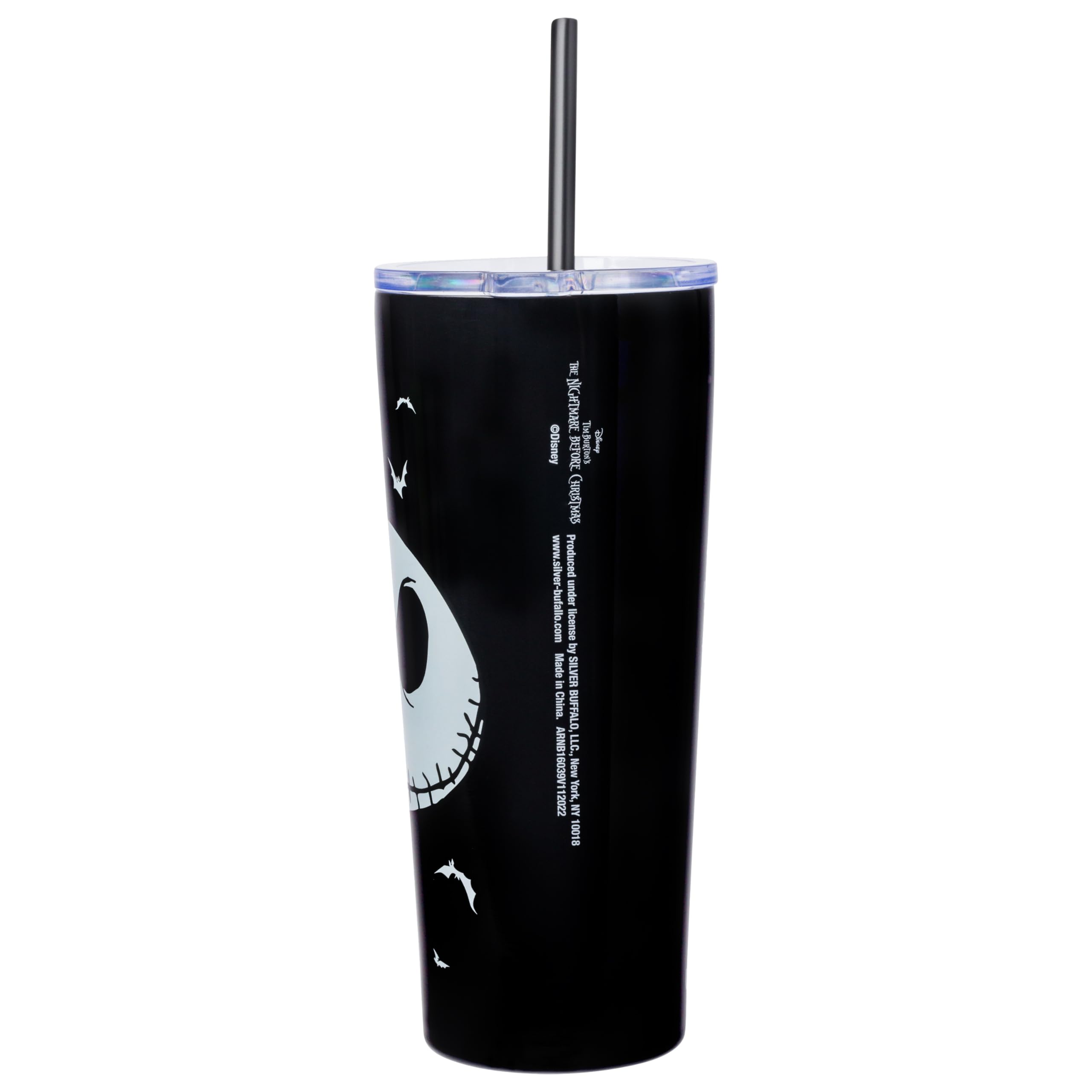 Silver Buffalo Disney Tim Burton's Nightmare Before Christmas Jack Skellington “Seriously Spooky” Double Walled Stainless Steel Tumbler With Straw, 22 Ounces