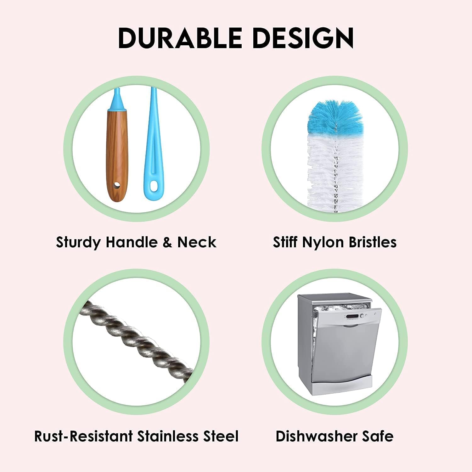 Turbo Microfiber Bottle Brush Cleaner Pack - Set of 5 Bottle Brushes for Cleaning Baby Bottles, Water Bottles, Tumblers, Wine Decanters, Flask, Bong, Vase Cleaner - One Straw Cleaner Brush