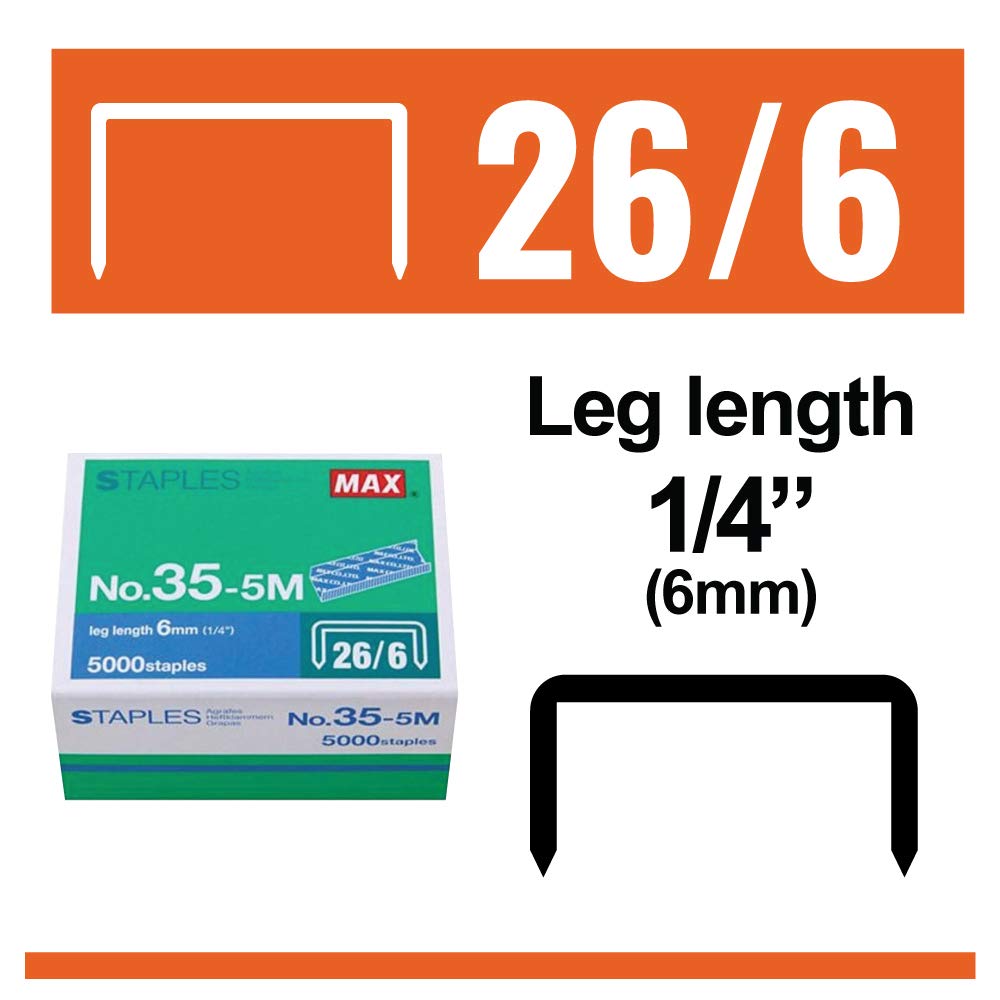 Max 35-5M Standard Staples for USA; Leg Length 6mm (1/4"); 100 Staples per Stick, for Use with Max HD-50, HD-50R, HD-50F and other Standard Staplers, 0.25" Leg Length, 0.5" Crown Width, 5000 Count