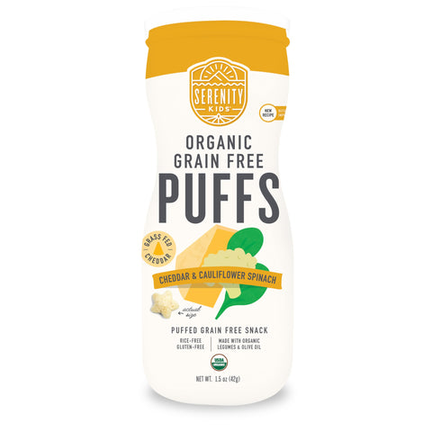 Serenity Kids 6+ Months Grain-Free Baby Puffs - Melt-in-Mouth Toddler Snacks, Easy-Grip Infant Snacks, Real Veggie & Olive Oil Organic Baby Food, 1.5 Oz, Pack of 1, White Cheddar & Cauliflower Spinach