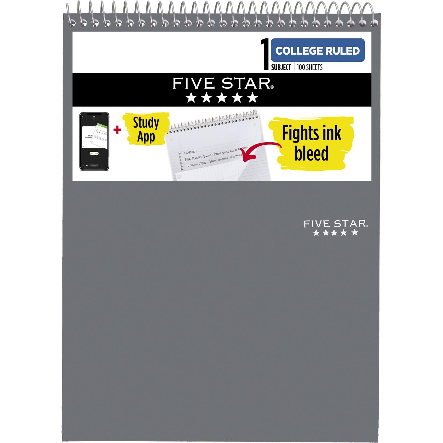 Five Star Top Bound Notebook, 1 Subject, College Ruled Paper, 100 Sheets, 11" x 8-1/2", Color Selected For You, 1 Count (06182)