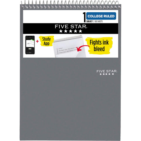 Five Star Top Bound Notebook, 1 Subject, College Ruled Paper, 100 Sheets, 11" x 8-1/2", Color Selected For You, 1 Count (06182)