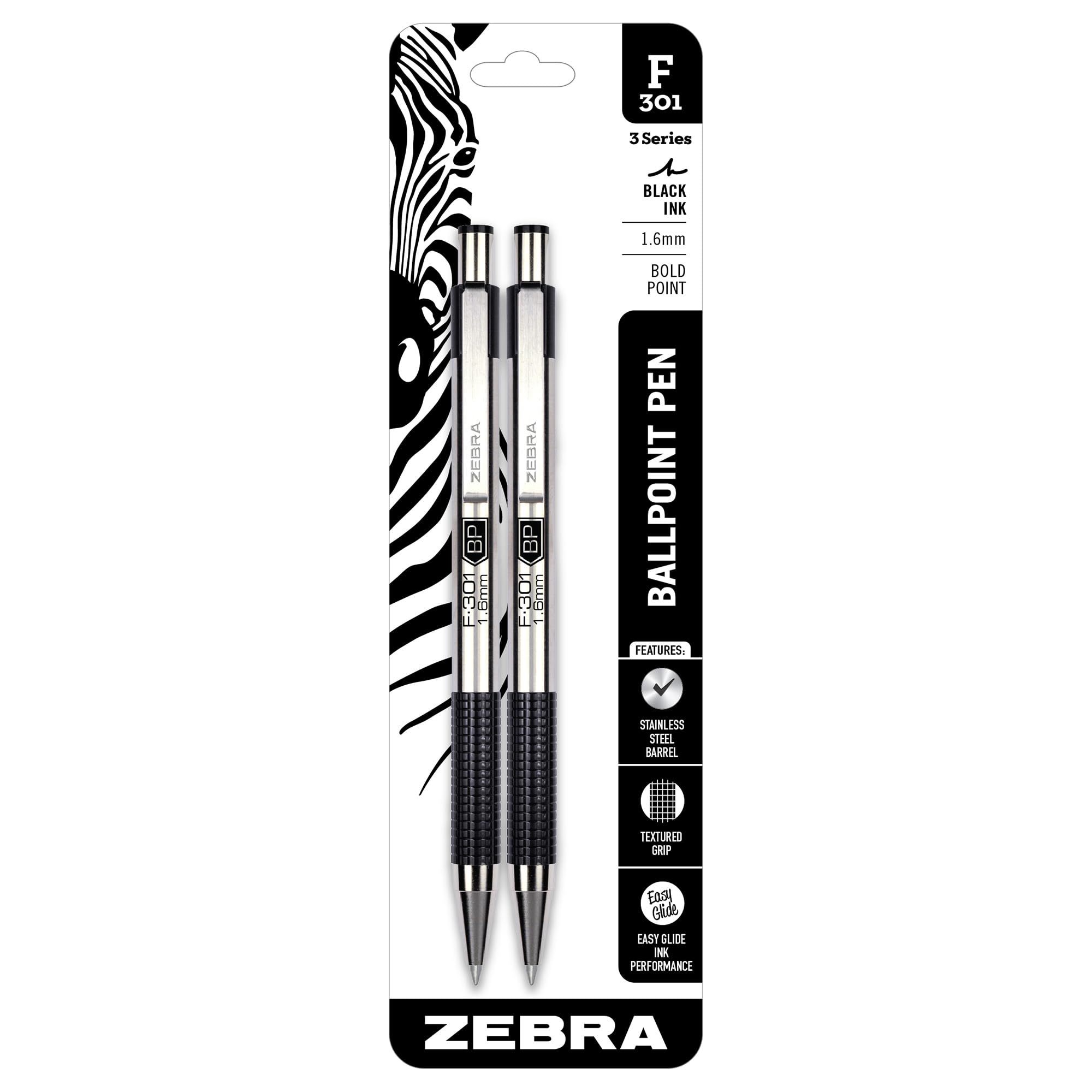 Zebra Pen, F-301 Bold Retractable Ballpoint Pens, Black Ink, 1.6mm Bold Point, Stainless Steel Barrel, Comfortable Grip, STEEL Series, Ideal for Office, Journal and Planner Use 2-Count (27312)