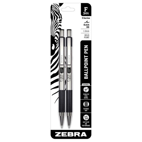 Zebra Pen, F-301 Bold Retractable Ballpoint Pens, Black Ink, 1.6mm Bold Point, Stainless Steel Barrel, Comfortable Grip, STEEL Series, Ideal for Office, Journal and Planner Use 2-Count (27312)