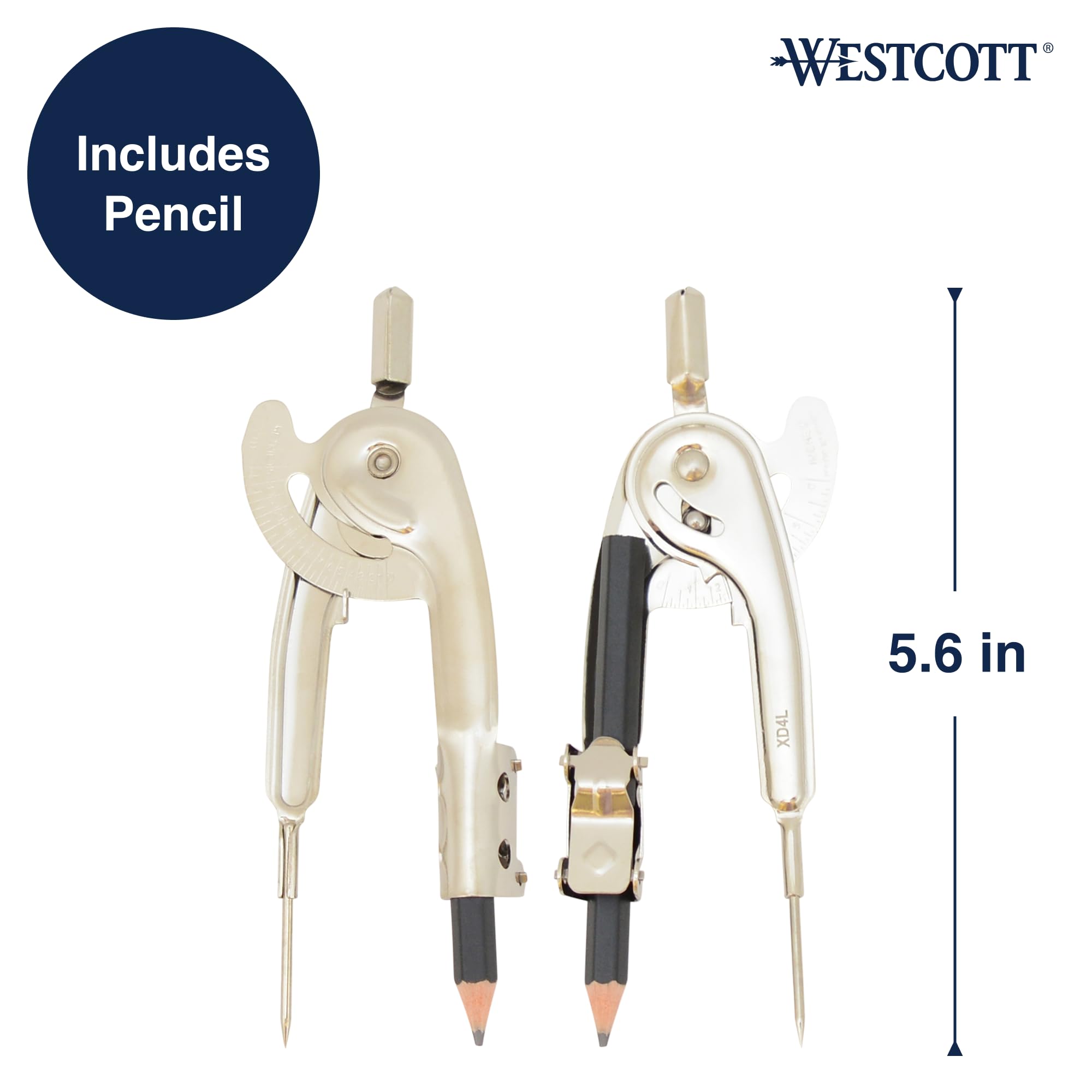 Westcott Nickel-Plated Ball Bearing Compass with Pencil, Professional Style, Back-to-School Supplies, Draws Circles up to 13 Inches in Diameter