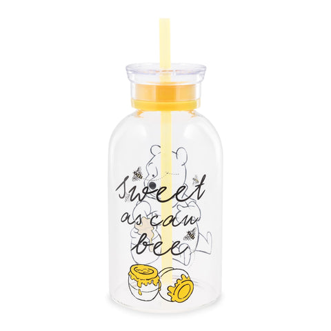 Silver Buffalo Disney Winnie the Pooh Hunny Sweet As Can Bee Glass Milk Bottle with Straw, 15 Ounces