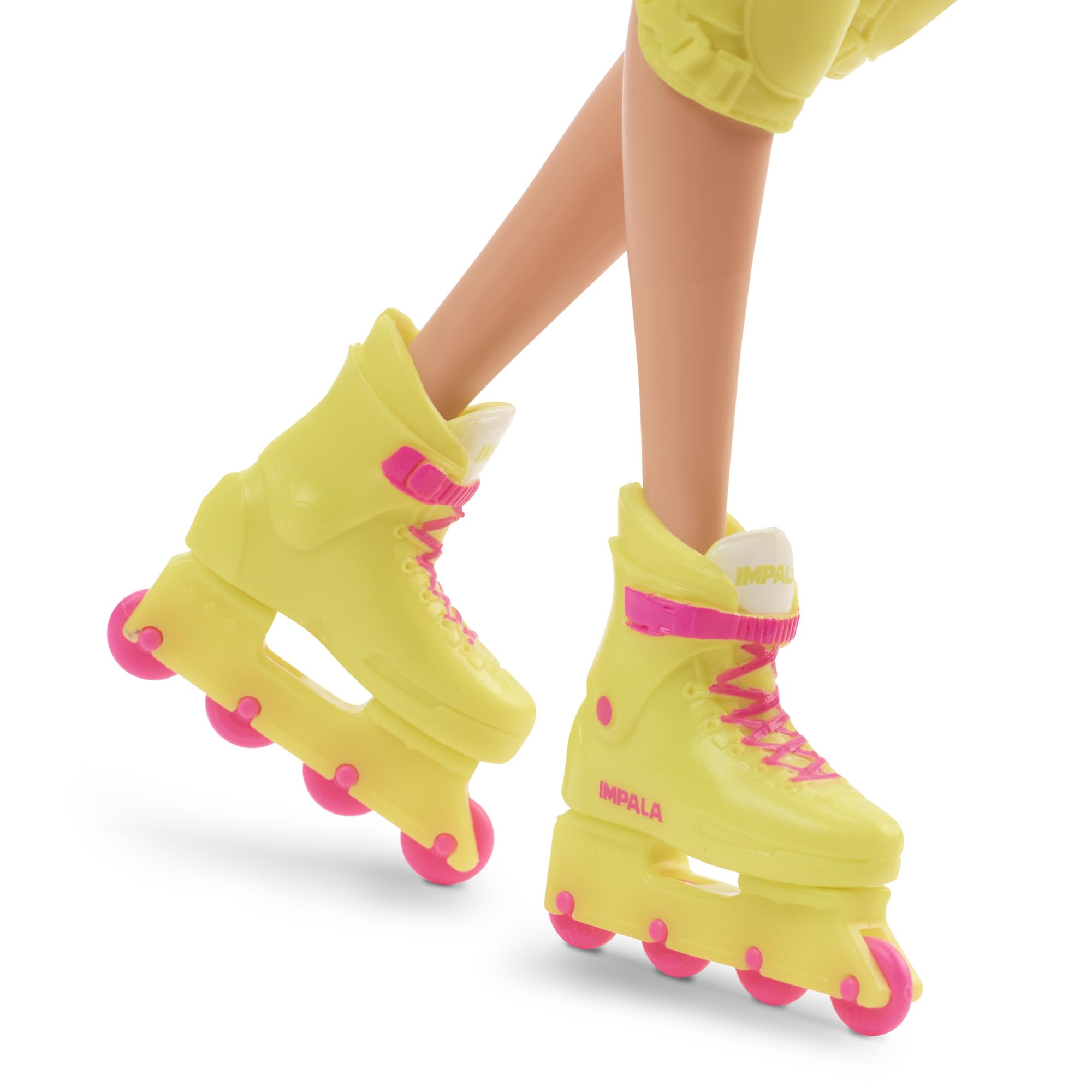 Barbie The Movie Margot Robbie - Skating Doll with Neon Outfit, Retro Gymnastics Suit, Pink Biker Shorts, Sun Shield, Neon Green Hoop Earrings, Skating Equipment, Impala Inline Skates, HRB04