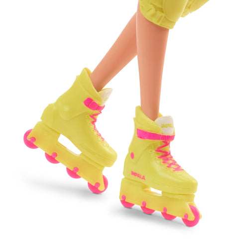 Barbie The Movie Margot Robbie - Skating Doll with Neon Outfit, Retro Gymnastics Suit, Pink Biker Shorts, Sun Shield, Neon Green Hoop Earrings, Skating Equipment, Impala Inline Skates, HRB04