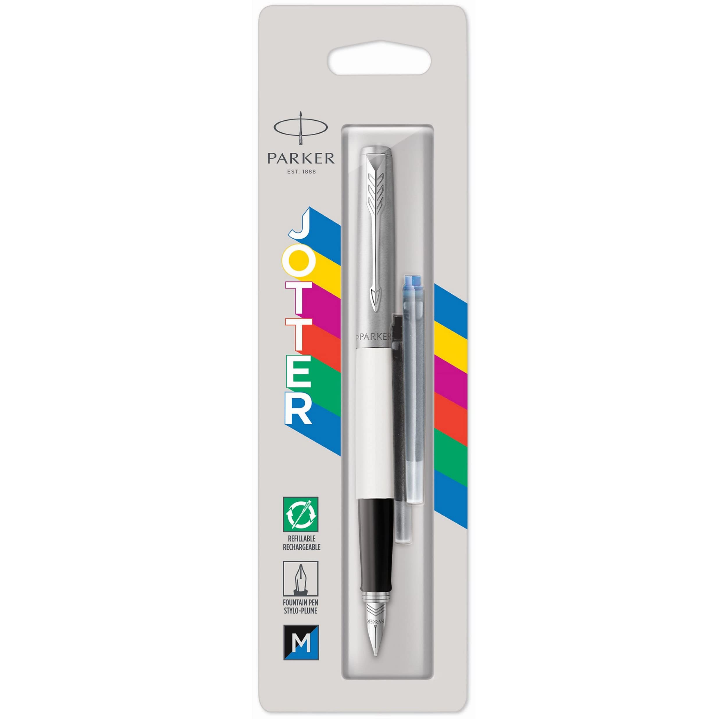 Parker Jotter Originals Fountain Pen, Classic White Finish, Medium Nib, Blue & Black Ink