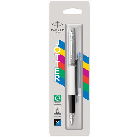 Parker Jotter Originals Fountain Pen, Classic White Finish, Medium Nib, Blue & Black Ink