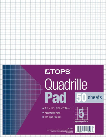 TOPS Quadrille Pad, Gum-Top, 8-1/2 x 11 Inches, Quad Rule , White Paper, 50 Sheets per Pad (33051)