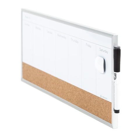 U Brands Magnetic Dry Erase Weekly Calendar White Board With Cork Strip, 18" x 7.5", Silver Aluminum Frame, Includes Magnet, Marker