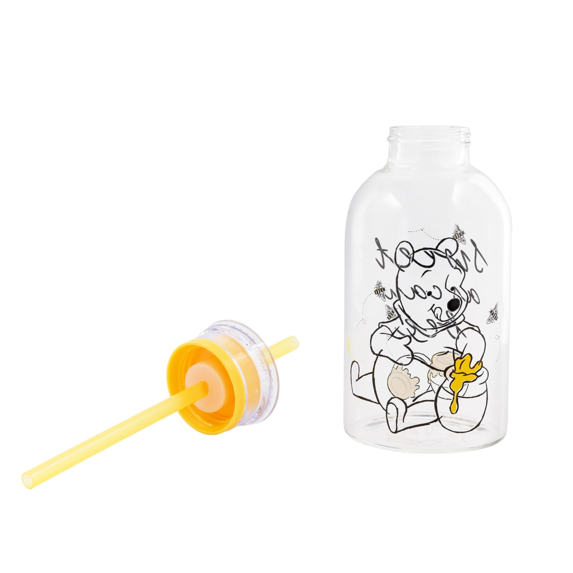 Silver Buffalo Disney Winnie the Pooh Hunny Sweet As Can Bee Glass Milk Bottle with Straw, 15 Ounces