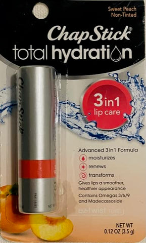 ChapStick Total Hydration Sweet Peach Lip Balm Tube, Triple Action Formula Hydrating Lip Care - 0.12 Oz