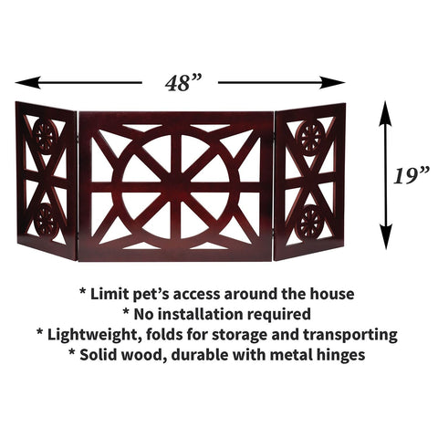 Etna 3 Panel Dog Gate - Trifold Wagon Wheel, Freestanding, Lightweight Foldable, Mahogany Wood, Brown, 48" W x 19" H