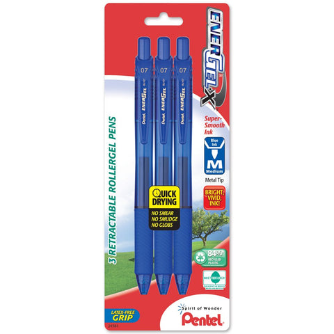 Pentel EnerGel-X Retractable Liquid Gel Pen, 0.7mm, Medium Line, Metal Tip, Blue Ink, 3 Pack (BL107BP3C)