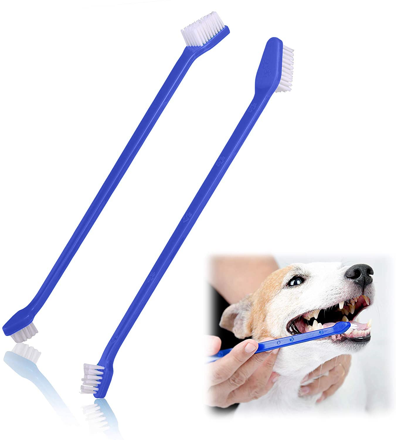 Duke's Pet Products 4 Piece Double Sided Canine Toothbrush Set with Long 8 1/2 Inch Handle (Blue, 4 Peice)