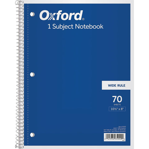 Oxford 1-Subject Spiral Notebook, Wide Rule, 8 x 10.5 Inch, Bright White Paper, 70 Sheets per Book, Cover Color May Vary, One Notebook (65000)