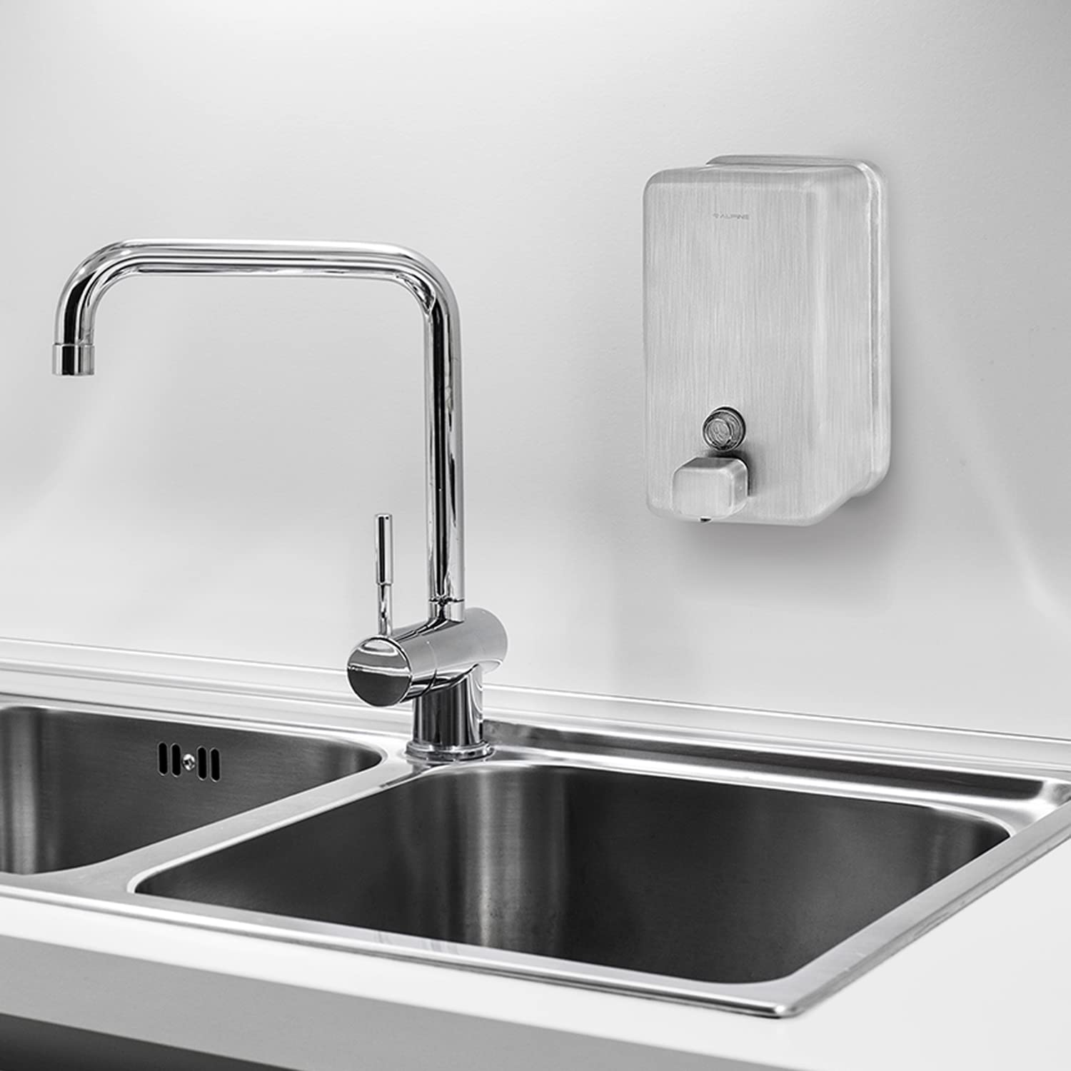 Alpine Industries Manual Stainless Steel Liquid Soap Dispenser, Vertical – 40oz Capacity - Rust Proof Wall Mounted Commercial Handsoap Holder for Office Home & Hotel