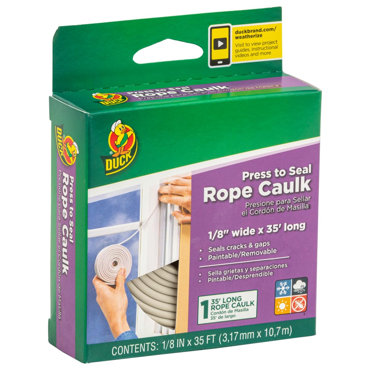 Duck Brand Press to Seal Rope Caulk, White, 1/8-Inch Wide x 35-Feet Long, Single Roll, 283580