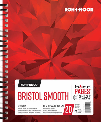 Koh-I-Noor 9" x 12" Bristol Smooth Bright White Paper Pad with In and Out Pages, 270 GSM, Side Wire-Bound, 20 Sheets per Pad (26170411013)
