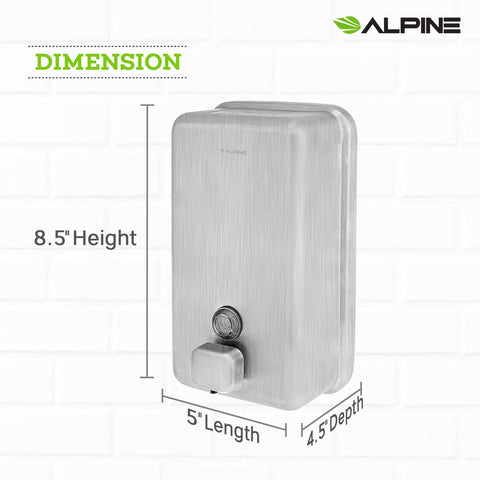 Alpine Industries Manual Stainless Steel Liquid Soap Dispenser, Vertical – 40oz Capacity - Rust Proof Wall Mounted Commercial Handsoap Holder for Office Home & Hotel