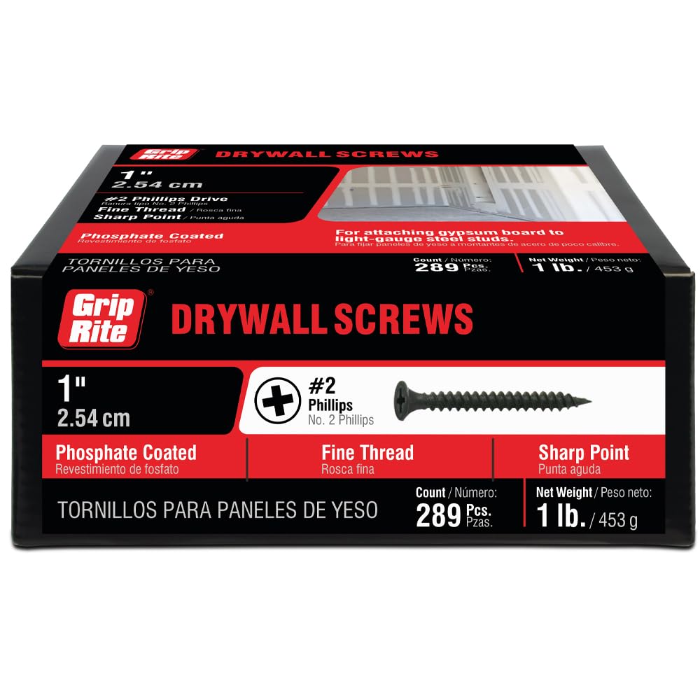 Grip-Rite 1DWS1#6 X 1" Phillips Bugle Head Fine Thread Sharp Point Drywall Screw, 1lb Box