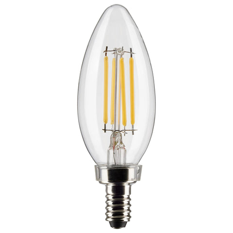 Satco 4 Watt B11 LED Filament Candle Light Bulbs - Clear - E12 Candelabra Base - 90 CRI - 3000K Soft White - 350 Lumens - 120 Volts - Dimmable - Wet Location (6 Bulbs)