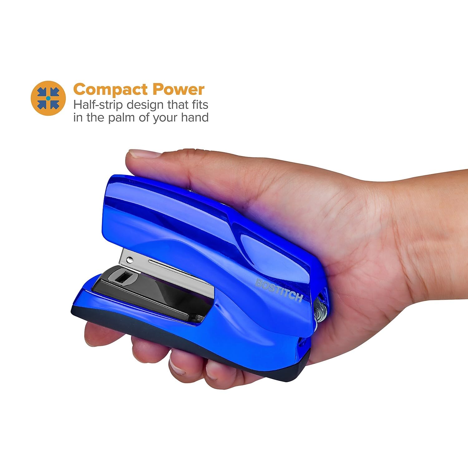 Bostitch Office Heavy Duty Stapler, 40 Sheet Capacity, No Jam, Half Strip, Fits into the Palm of Your Hand, For Classroom, Office or Desk, Metallic Blue