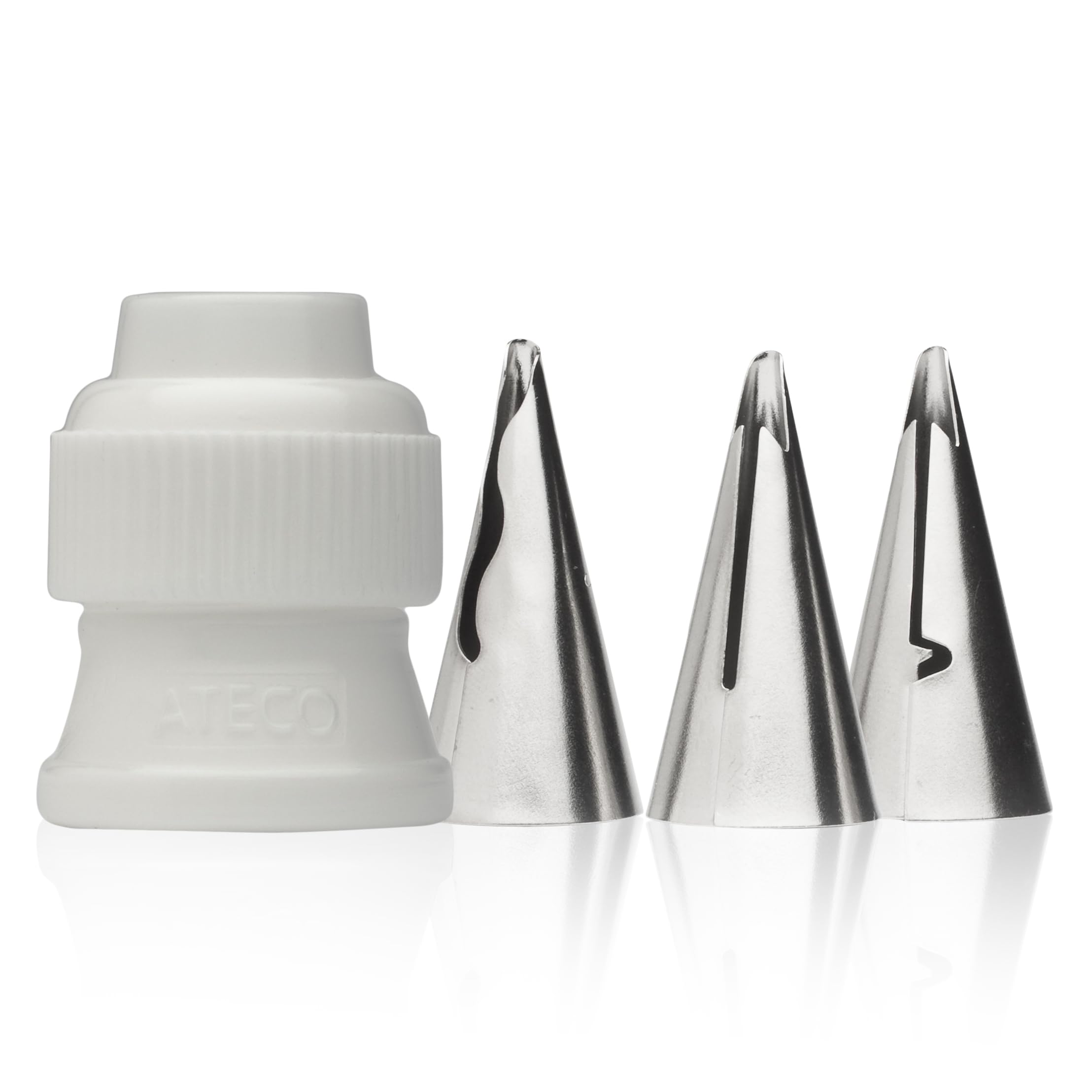 Ateco - 4 Piece Ruffle Decorating Tube Set, Includes Stainless Steel Tips: 030, 040, 070 & One Standard Coupler